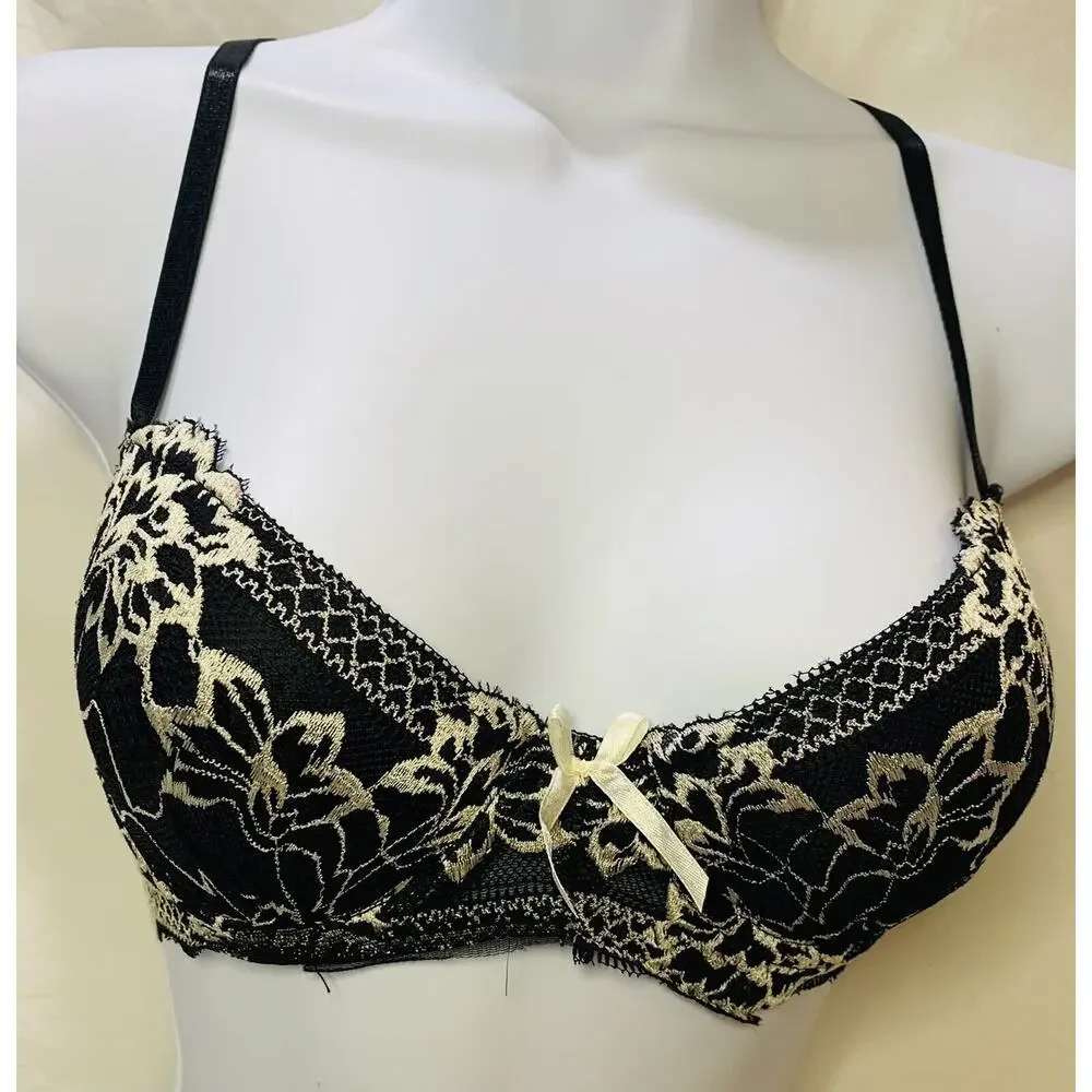 Rene Rofa Bra Underwire Padded 34B Black Beige Floral Lace Pushup Sexy Used - Picture 12 of 12